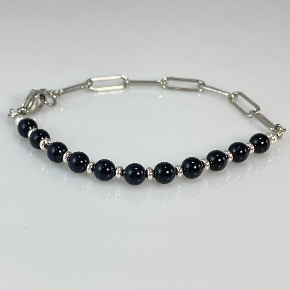 Austrian Crystal Pearls on Silver Paperclip Chain Link Bracelet Stainless Steel